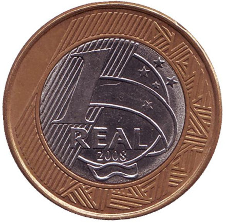 Монета 1 реал, 2008 год, Бразилия. Из обращения.
