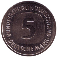 Монета 5 марок. 1981 год (G), Германия.