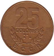 Монета 25 колонов. 1995 год, Коста-Рика. Монета 25 колонов. 1995 год, Коста-Рика.