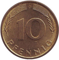 Дубовые листья. Монета 10 пфеннигов. 1979 год (G), ФРГ.