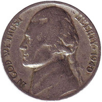 Джефферсон. Монтичелло. Монета 5 центов. 1940 год, США.