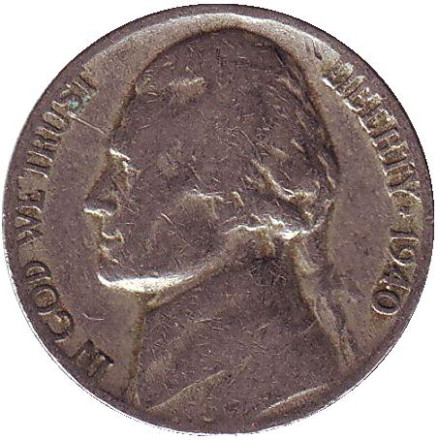 Монета 5 центов. 1940 год, США. Джефферсон. Монтичелло.