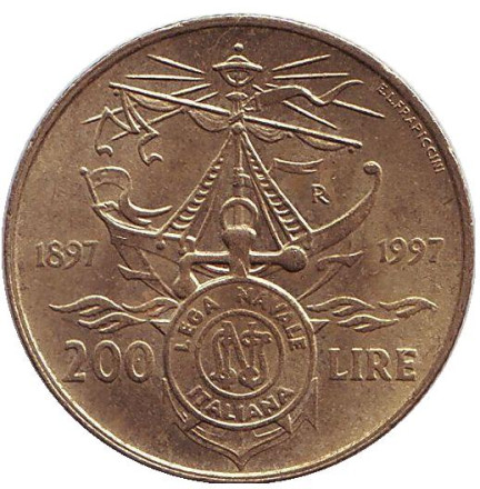 Монета 200 лир. 1997 год, Италия. Из обращения. 100 лет Итальянской морской лиге.