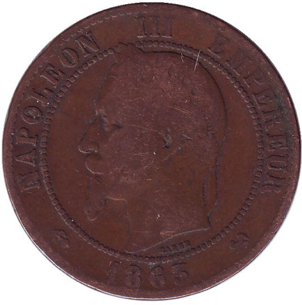 Монета 10 сантимов. 1863 год (K), Франция. Наполеон III.