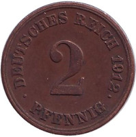 Монета 2 пфеннига. 1912 год (F), Германская империя.