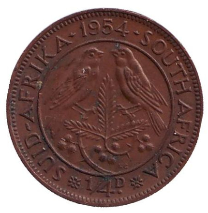 Монета 1/4 пенни (фартинг). 1954 год, ЮАР. Птицы.