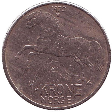 Монета 1 крона. 1970 год, Норвегия. Лошадь.