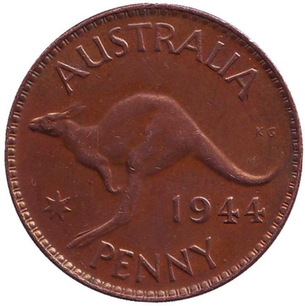 Монета 1 пенни. 1944 год, Австралия. (Точка после "PENNY") Кенгуру.