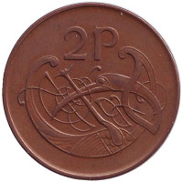 Птица. Ирландская арфа. Монета 2 пенса. 1990 год, Ирландия.