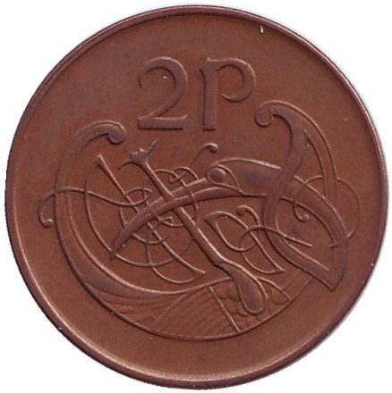 Монета 2 пенса. 1990 год, Ирландия. Птица. Ирландская арфа.