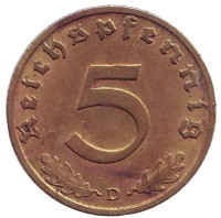 Монета 5 рейхспфеннигов. 1938 год (D), Третий Рейх (Германия). 