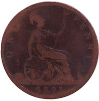Монета 1 пенни. 1891 год, Великобритания.