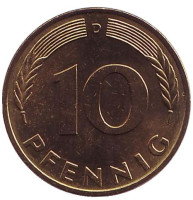 Дубовые листья. Монета 10 пфеннигов. 1977 год (D), ФРГ. UNC.