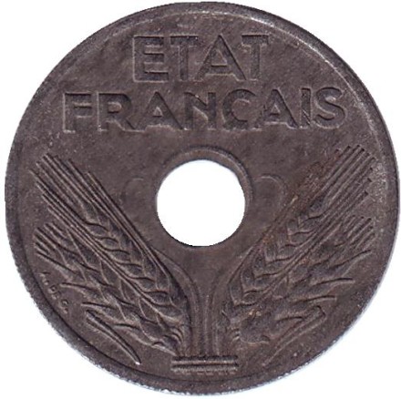 Монета 20 сантимов. 1941 год, Франция. Etat Francias. Мелкое рифление гурта. Монета 20 сантимов. 1941 год, Франция. Etat Francias. Мелкое рифление гурта.