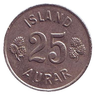 Монета 25 аураров. 1965 год, Исландия. Из обращения.