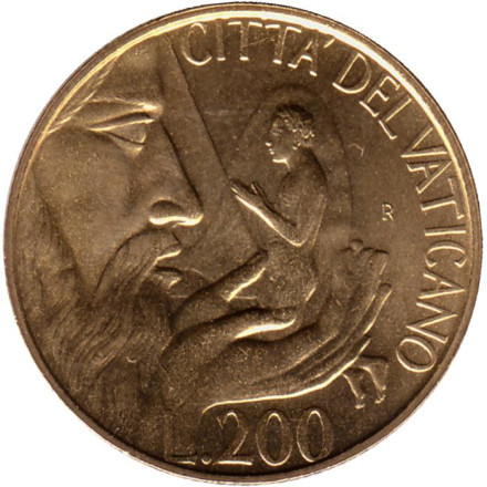Монета 200 лир. 1988 год, Ватикан. Сотворение Адама.