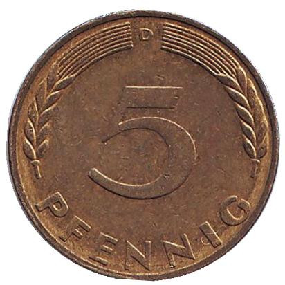 Монета 5 пфеннигов. 1969 год (D), ФРГ. Дубовые листья.