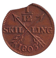 Монета 1/12 скиллинга. 1803 год, Швеция. Монета 1/12 скиллинга. 1803 год, Швеция.