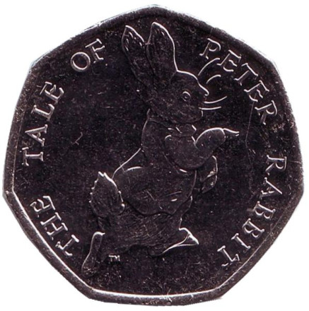 Монета 50 пенсов. 2017 год, Великобритания. Кролик Питер. 150 лет со дня рождения Беатрис Поттер.