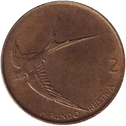 Монета 2 толара. 1994 год, Словения. Деревенская ласточка.
