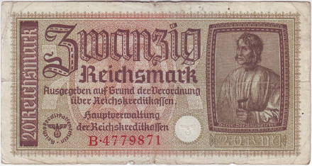 Банкнота 20 рейхсмарок. 1940-1945 гг., Третий Рейх. (Оккупированные территории).