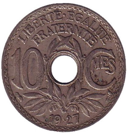 Монета 10 сантимов. 1927 год, Франция.