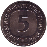 Монета 5 марок. 1982 год (D), Германия. UNC.