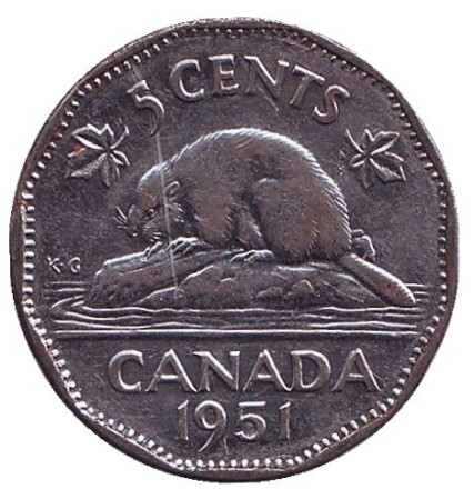 Монета 5 центов, 1951 год, Канада. Бобр.