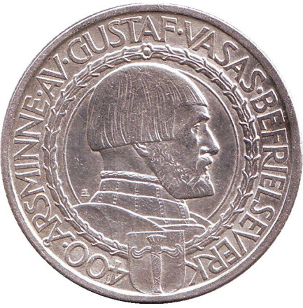 Монета 2 кроны. 1921 год, Швеция. 400 лет Войне за Независимость.