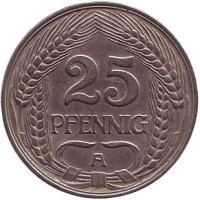 Монета 25 пфеннигов. 1909 год (A), Германская империя.