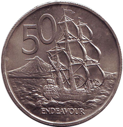 Монета 50 центов, 1967 год, Новая Зеландия. aUNC. Парусник "Endeavour".