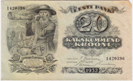Банкнота 20 крон. 1932 год, Эстония.