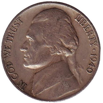 Монета 5 центов. 1940 год (D), США. Джефферсон. Монтичелло.