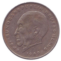 Конрад Аденауэр. Монета 2 марки. 1975 год (J), ФРГ.
