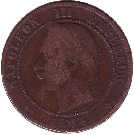 Монета 10 сантимов. 1864 год (BB), Франция. Наполеон III.