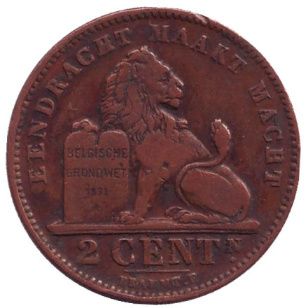 Монета 2 сантима. 1912 год, Бельгия. (Der Belgen)