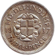 Монета 3 пенса. 1937 год, Великобритания. Монета 3 пенса. 1937 год, Великобритания.