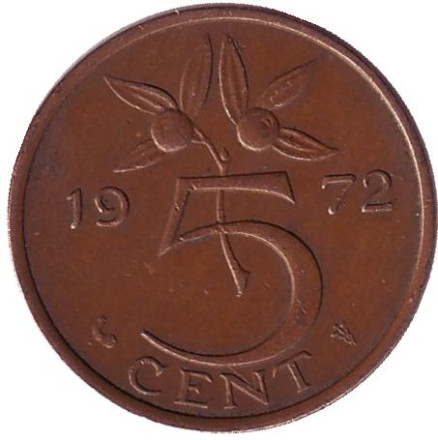 Монета 5 центов. 1972 год, Нидерланды.