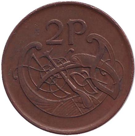 Монета 2 пенса. 1992 год, Ирландия. Птица. Ирландская арфа.