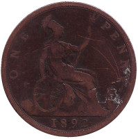 Монета 1 пенни. 1892 год, Великобритания.