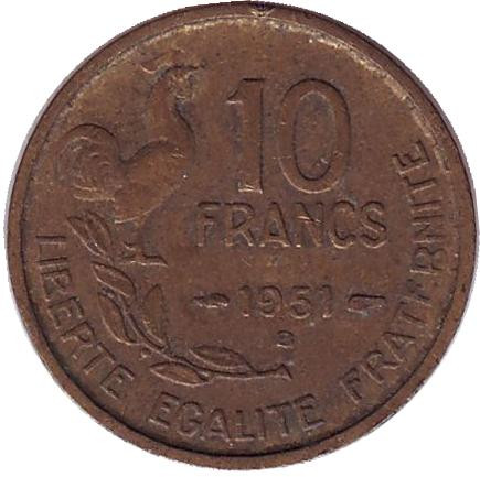 Монета 10 франков. 1951-B год, Франция.