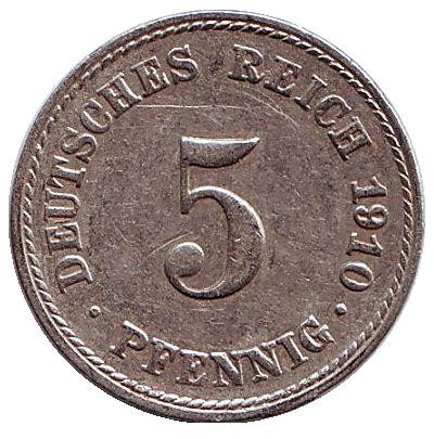 Монета 5 пфеннигов. 1910 год (F), Германская империя.