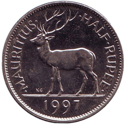 Монета 1/2 рупии, 1997 год, Маврикий. Олень. Сивусагур Рамгулам.