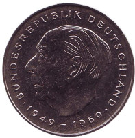 Теодор Хойс. Монета 2 марки. 1977 год (D), ФРГ. UNC.