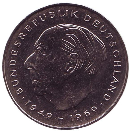 Монета 2 марки. 1977 год (D), ФРГ. UNC. Теодор Хойс.
