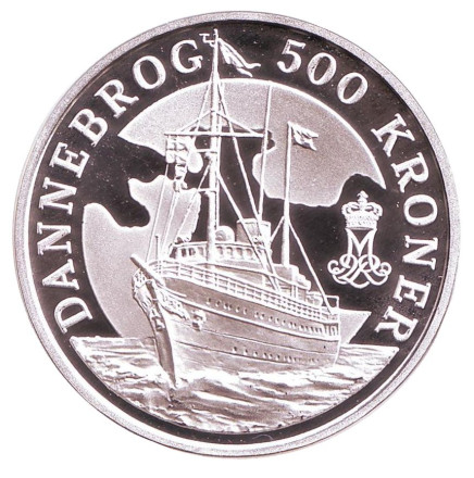 Монета 500 крон. 2008 год, Дания. Королевская яхта "Dannebrog".
