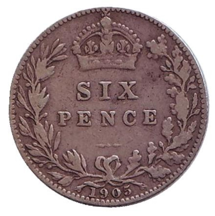Монета 6 пенсов. 1905 год, Великобритания.
