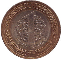 Монета 1 лира. 2014 год, Турция.