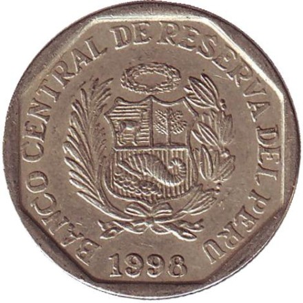 Монета 50 сентимов. 1998 год, Перу. Монета 50 сентимов. 1998 год, Перу.