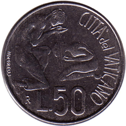 Монета 50 лир. 1991 год, Ватикан. Крещение.